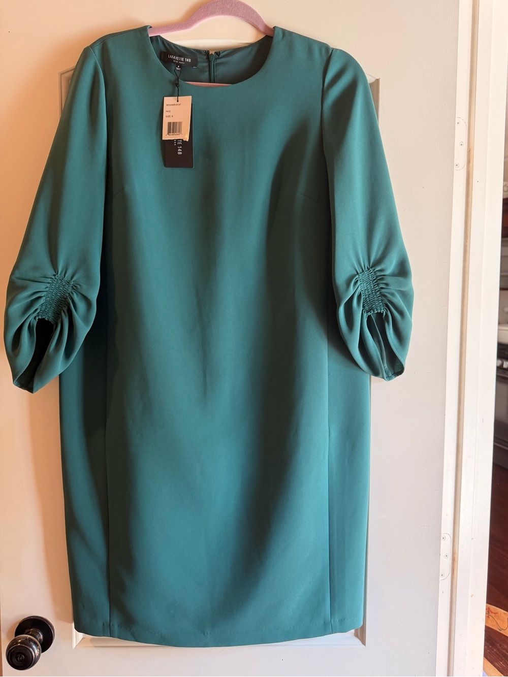 Lafayette 148 New York Teal Shift Dress with Ruched Long Sleeves